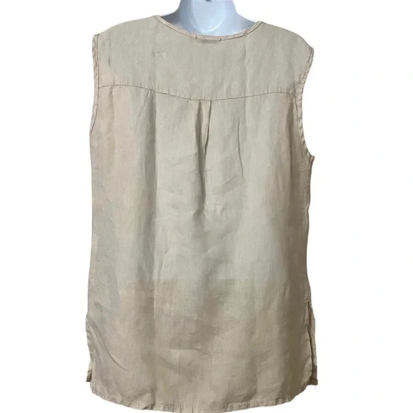 Tan Beige Linen Sleeveless Tunic Top Blouse Small Lace V-neck Breathable Summer - Picture 4 of 12